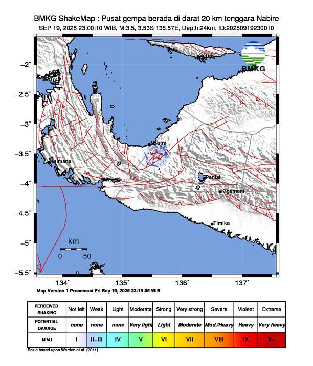 Gempa Magnitudo 3.5, 20km dari Tenggara Nabire