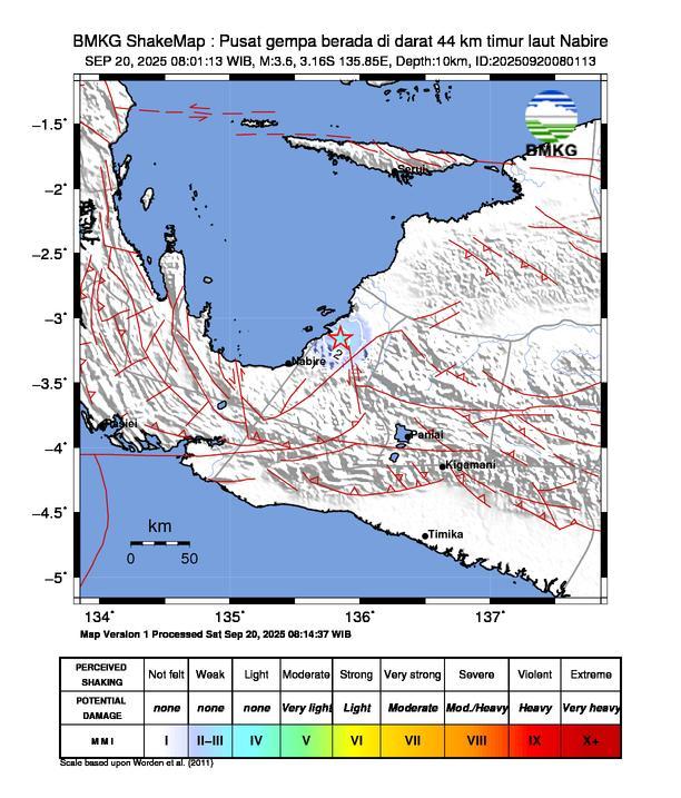 Gempa Magnitudo 3.6, 44km dari Timur Laut Nabire