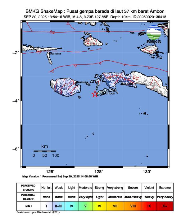 Gempa Magnitudo 4.8, 37km dari Barat Ambon