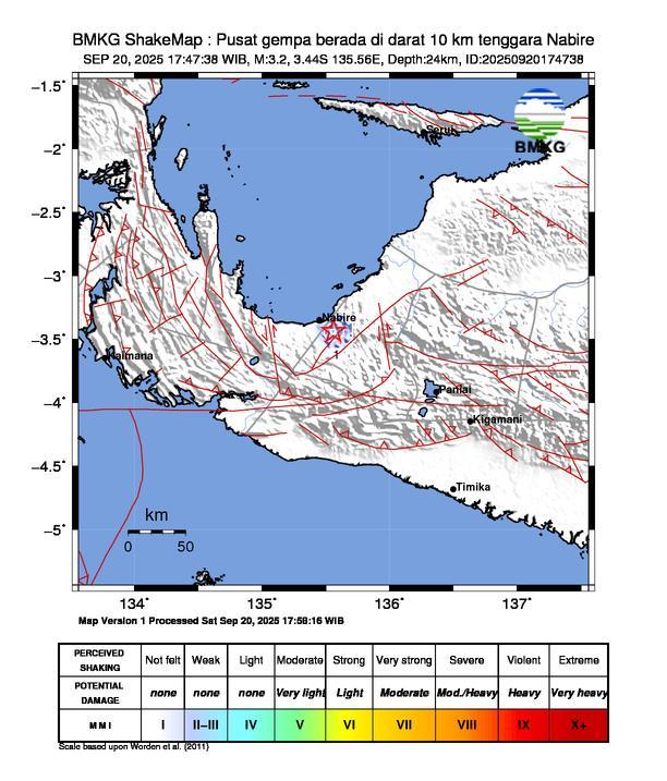 Gempa Magnitudo 3.2, 10km dari Tenggara Nabire