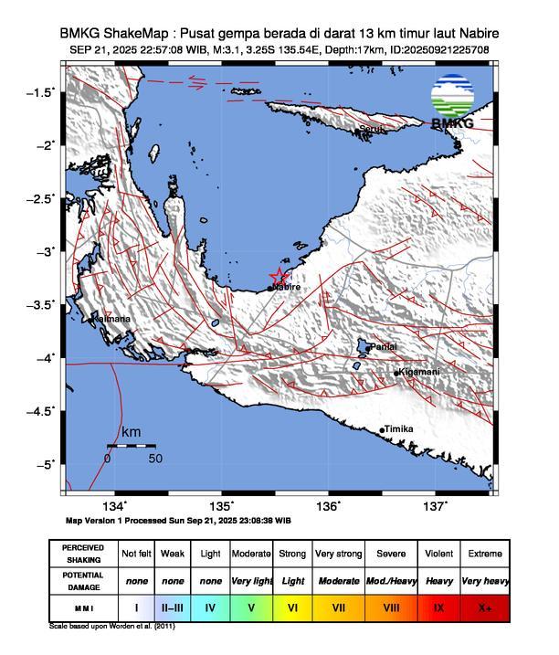 Gempa Magnitudo 3.1, 13km dari Timur Laut Nabire