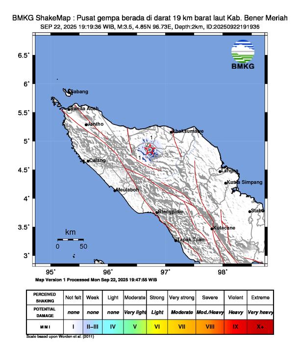 Gempa Magnitudo 3.5, 19km dari Barat Laut Kab. Bener Meriah