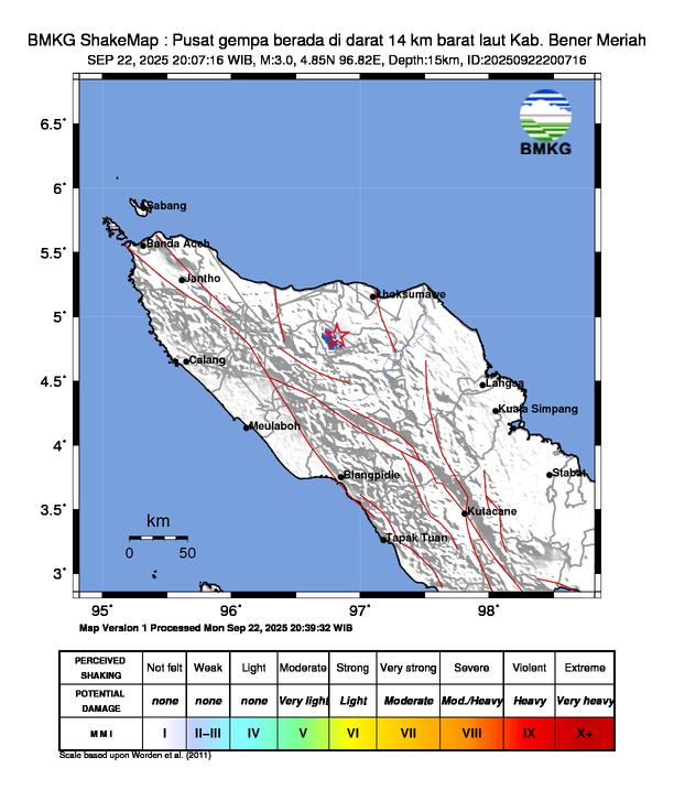 Gempa Magnitudo 3.0, 14km dari Barat Laut Kab. Bener Meriah