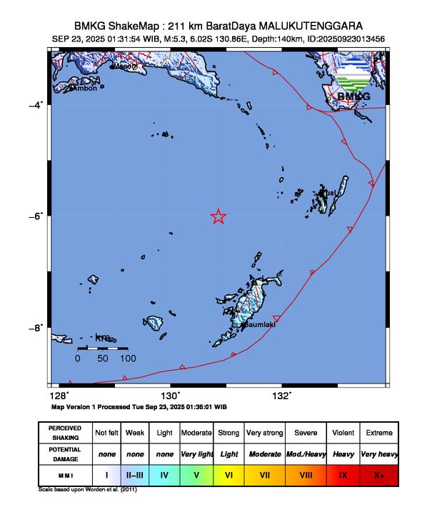 Gempa Magnitudo 5.3, 211km dari Barat Daya Maluku Tenggara