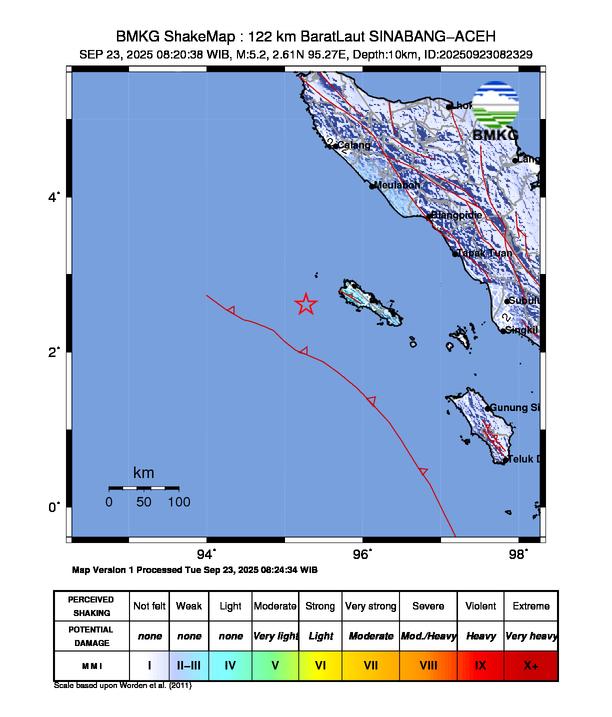Gempa Magnitudo 5.2, 122km dari Barat Laut Sinabang Aceh