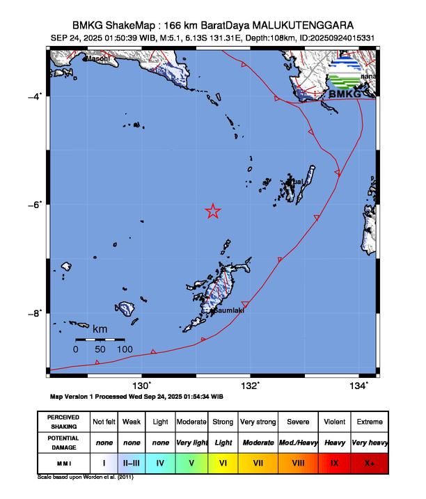 Gempa Magnitudo 5.1, 166km dari Barat DayaMaluku Tenggara