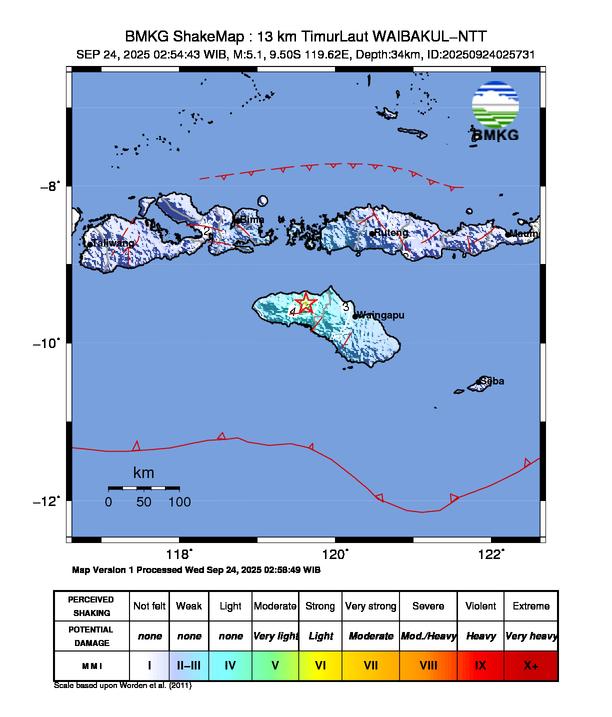 Gempa Magnitudo 5.1, 13km dari Timur Laut Waibakul, NTT