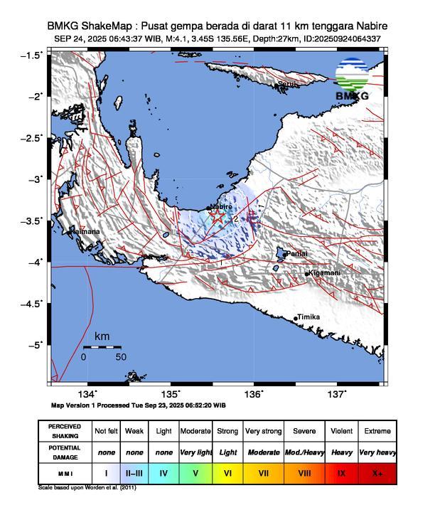 Gempa Magnitudo 4.1, 11km dari dari Tenggara Nabire