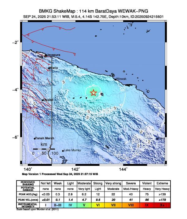 Gempa Magnitudo 5.4, 114km dari Barat Daya Wewak Papua Nugini