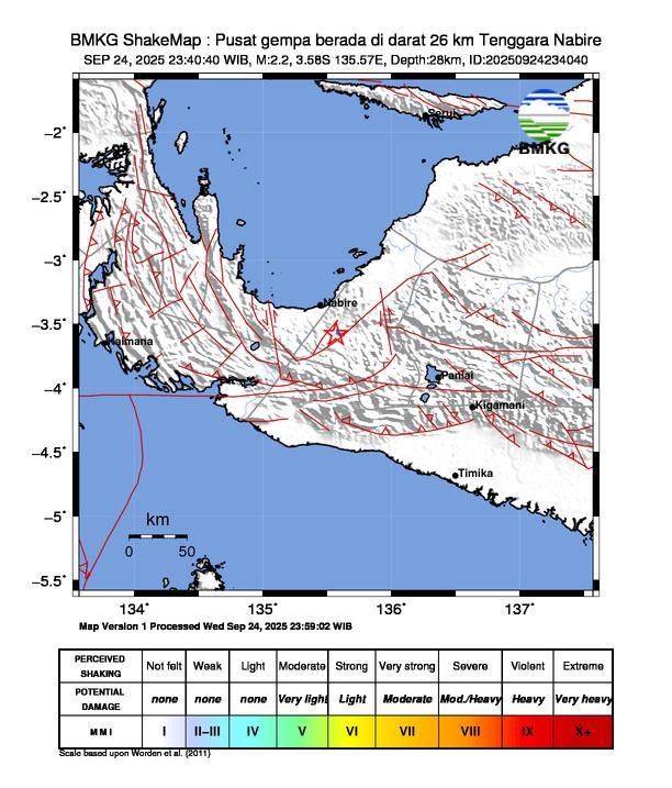 Gempa Magnitudo 2.2, 26km dari Tenggara Nabire