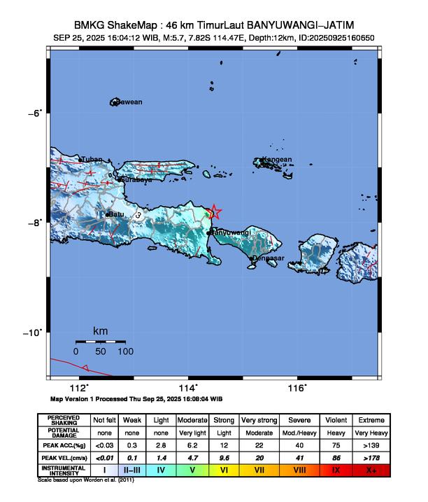 Gempa Magnitudo 5.7, 46km dari Timur Laut Banyuwangi