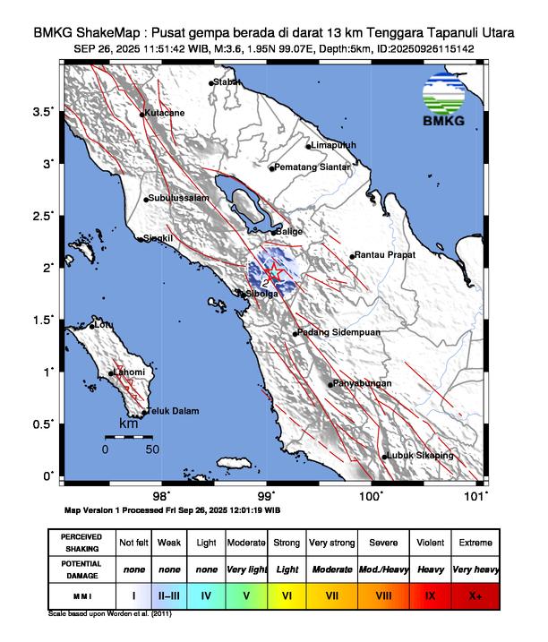 Gempa Magnitudo 3.6, 13km dari Tenggara Tapanuli Utara