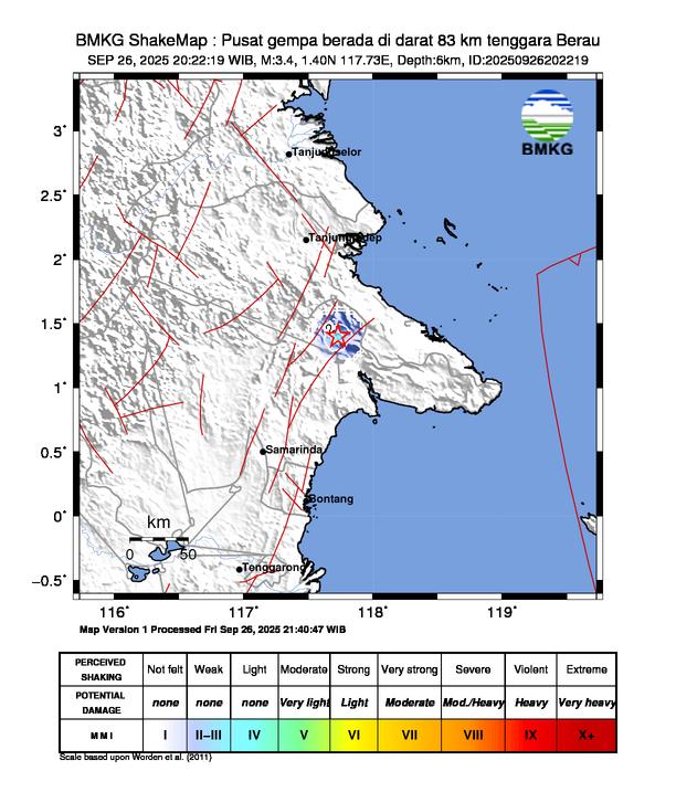 Gempa Magnitudo 3.4, 83km dari Tenggara Berau