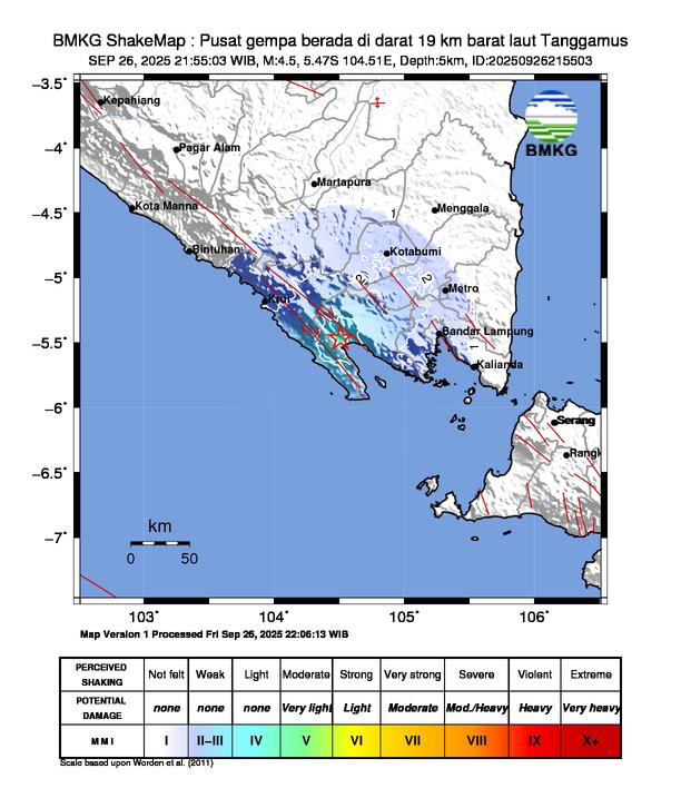 Gempa Magnitudo 4.5, 19km dari Barat Laut Tanggamus