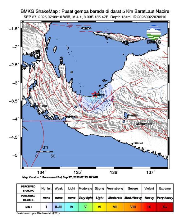 Gempa Magnitudo 4.1, 5 Km Barat Laut Nabire