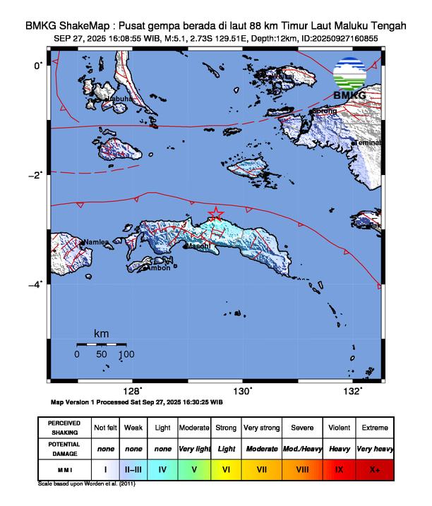 Gempa Magnitudo 5.1, 88km dari Timur Laut Maluku Tengah