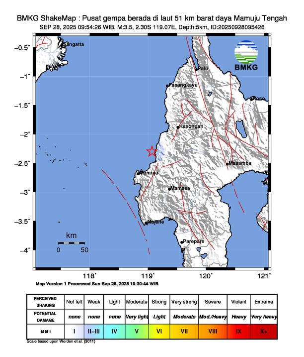 Gempa Magnitudo 3.5, 51km dari Barat Daya Mamuju Tengah