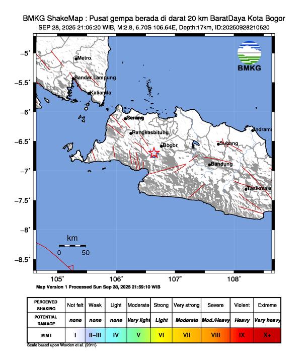 Gempa Magnitudo 2.8, 20km dari Barat Daya Kota Bogor