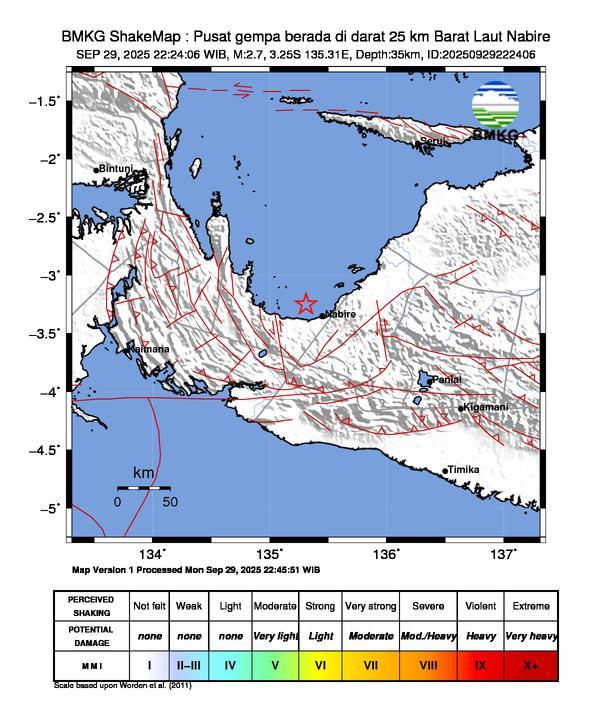 Gempa Magnitudo 2.7, 25km dari Barat Laut Nabire