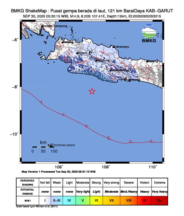 Gempa Magnitudo 4.9, 121km dari Barat Daya Kab. Garut