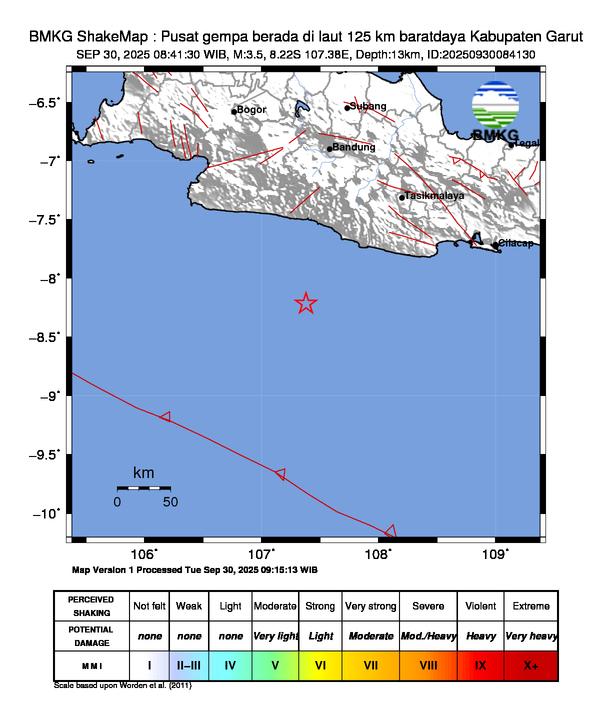 Gempa Magnitudo 3.5, 125km dari Barat Daya Kabupaten Garut