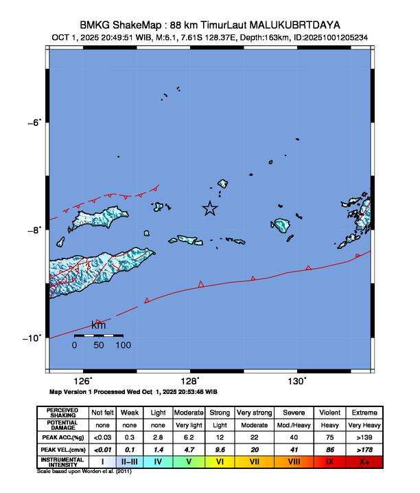 Gempa Magnitudo 6.1, 88km dari Timur Laut Maluku Barat