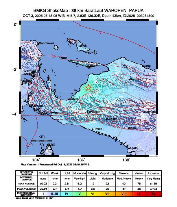Gempa Magnitudo 5.7, 39km dari Barat Laut Waropen Papua