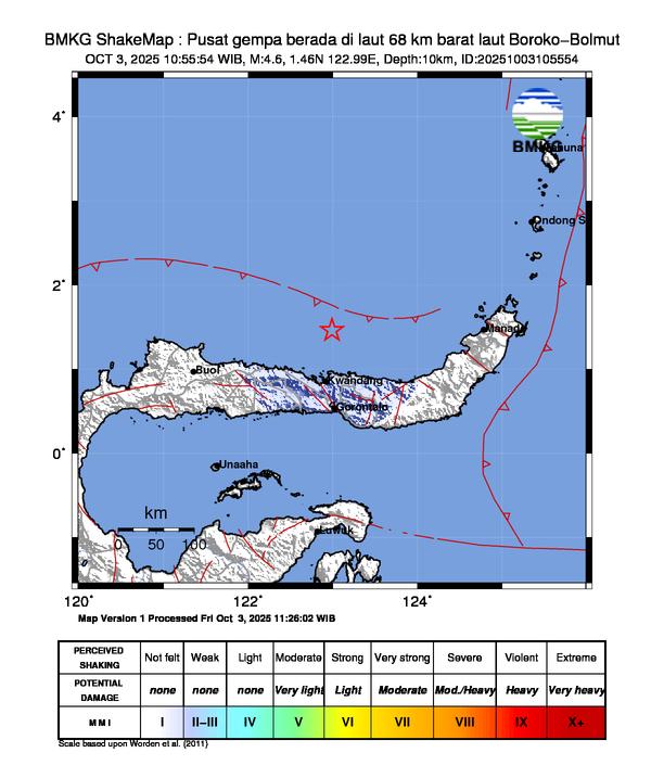 Gempa Magnitudo 4.6, 68km dari Barat Laut Boroko, Bolaang Mongondow Utara