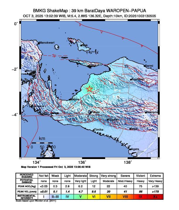 Gempa Magnitudo 5.4, 39km dari BaratDaya Waropen Papua