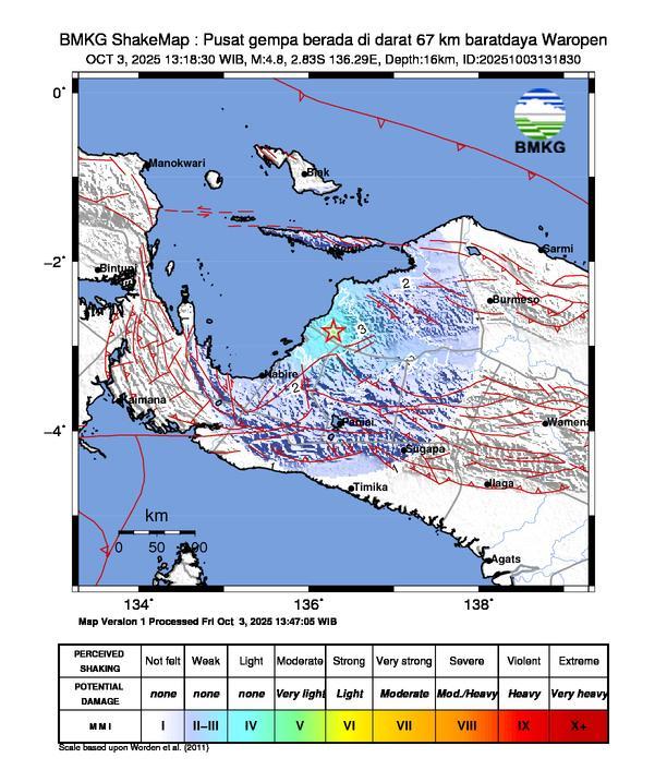 Gempa Magnitudo 4.8, 67km dari Barat Daya Waropen