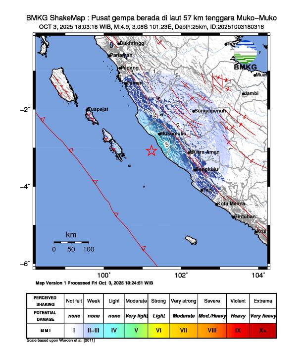 Gempa Magnitudo 4.9, 57km dari Tenggara Muko-Muko