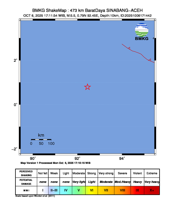 Gempa Magnitudo 5.5, 473km dari Barat Daya Sinabang Aceh