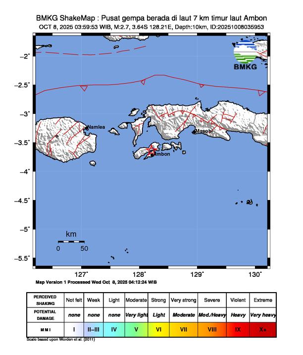 Gempa Magnitudo 2.7, 7km dari Timur Laut Ambon