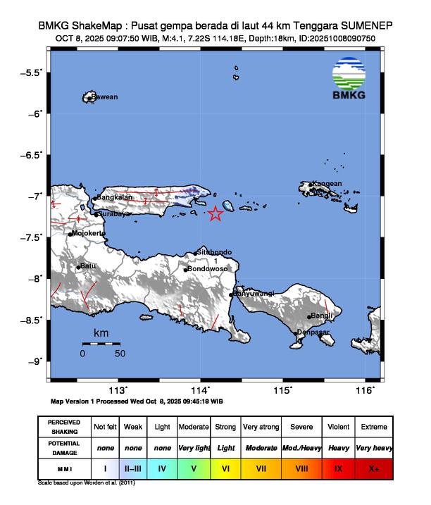 Gempa Magnitudo 4.1, 44km dari Tenggara Sumenep