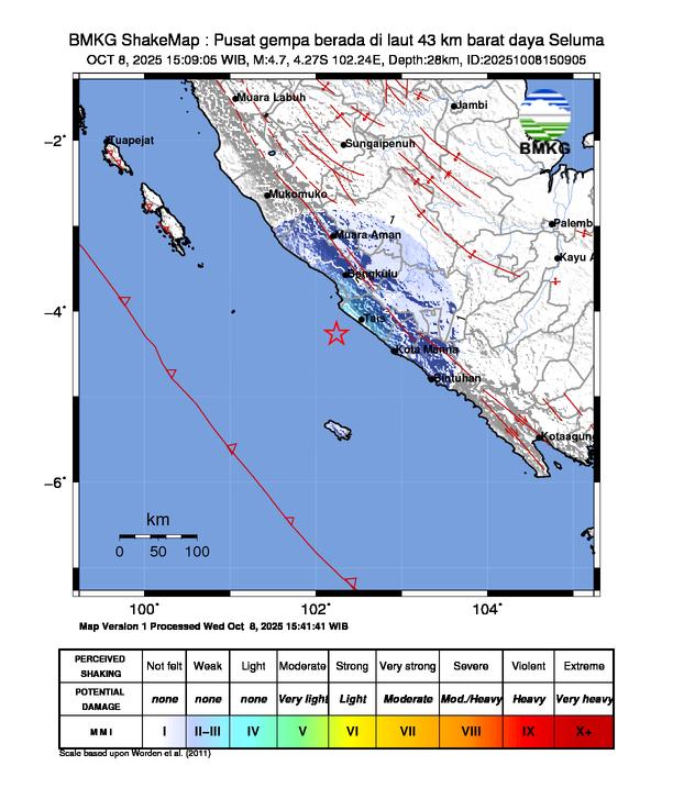 Gempa Magnitudo 4.7, 43km dari Barat Daya Seluma