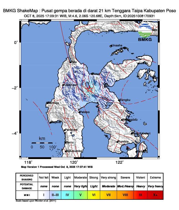 Gempa Magnitudo 4.6, 21km dari Tenggara Taipa Kabupaten Poso