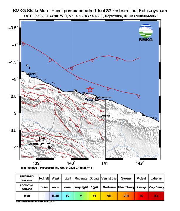 Gempa Magnitudo 3.4, 32km dari Barat Laut Kota Jayapura