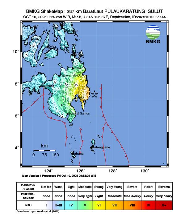 Gempa Magnitudo 7.6, 287km dari Barat Laut Pulau Karatung