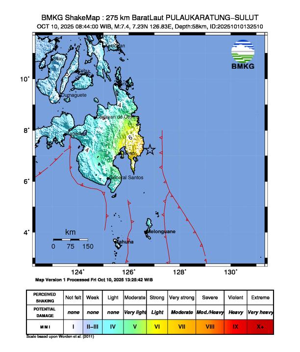 Gempa Magnitudo 7.4, 275km dari BaratLaut Pulau Karatung