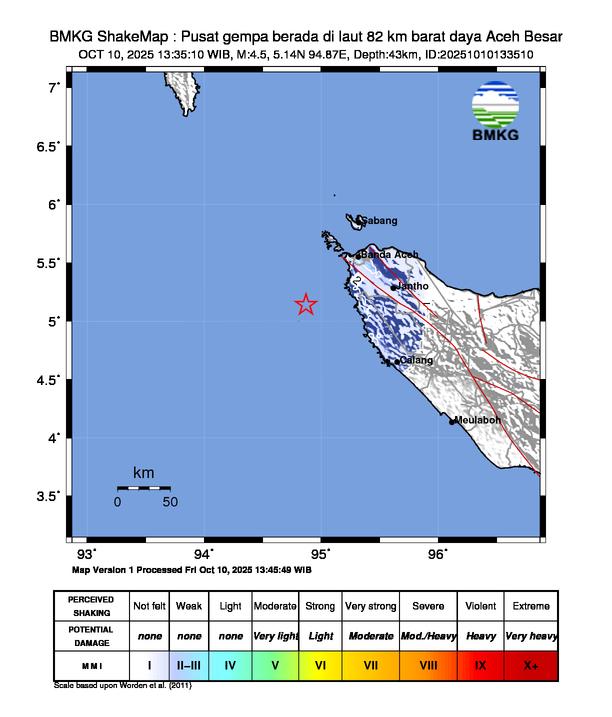 Gempa Magnitudo 4.5, 82km dari Barat Daya Aceh Besar