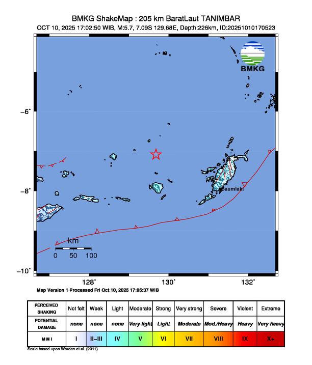 Gempa Magnitudo 5.7, 205km dari BaratLaut Tanimbar