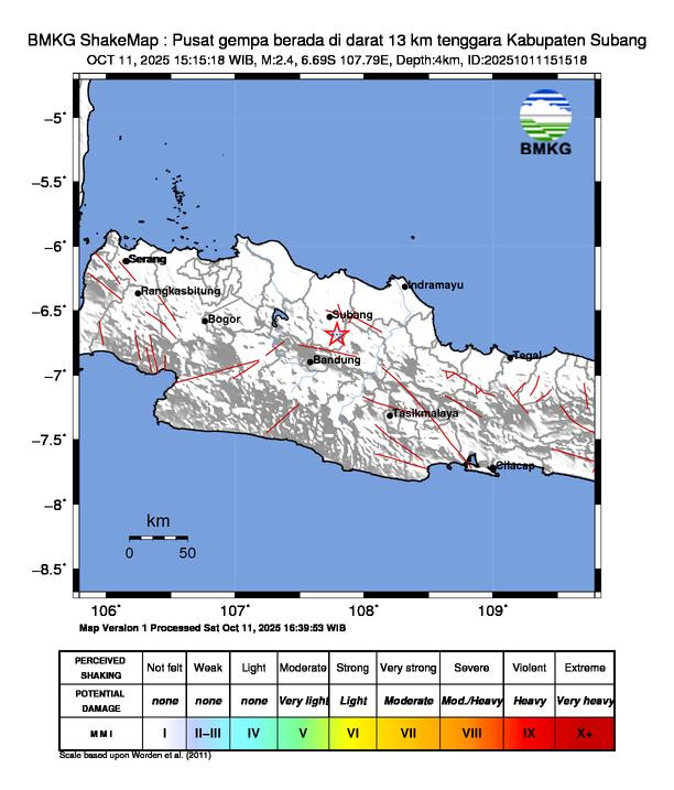 Gempa Magnitudo 2.4, 13km dari Tenggara Kabupaten Subang