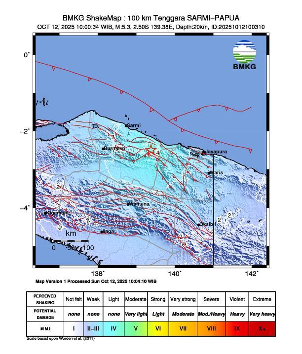 Gempa Magnitudo 5.3, 100km dari Tenggara Sarmi Papua