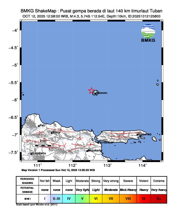 Gempa Magnitudo 4.3, 140km dari Timur Laut Tuban