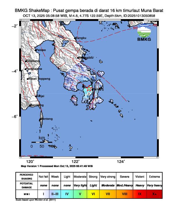 Gempa Magnitudo 4.6, 16km dari Timur Laut Muna Barat
