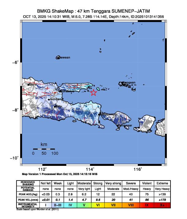 Gempa Magnitudo 5.0, 47km dari Tenggara Sumenep