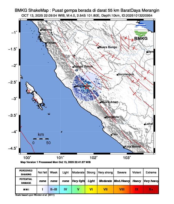 Gempa Magnitudo 4.0, 55km dari Barat Daya Merangin