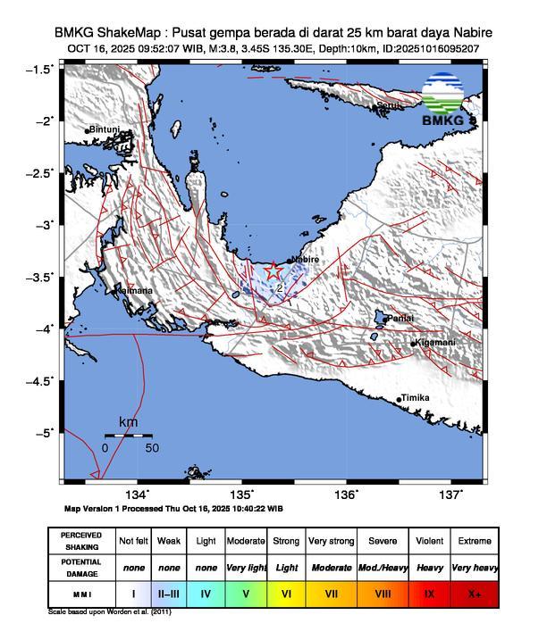Gempa Magnitudo 3.8, 25km dari Barat Daya Nabire