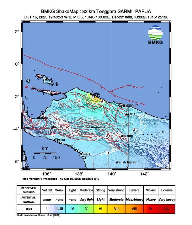 Gempa Magnitudo 6.6, 32km dari Tenggara Sarmi Papua