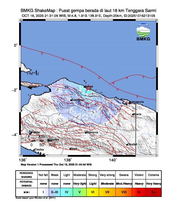Gempa Magnitudo 4.8, 18km dari Tenggara Sarmi